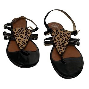 Jeffrey Campbell Johnny Fur Leopard Print Flat T-Strap Sandals Size 8 Women's